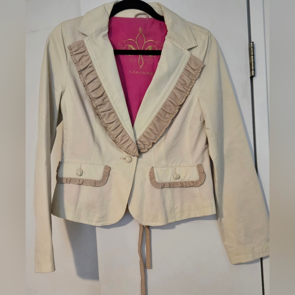 Vintage Y2K Mackage Cotton Leather Lined Blazer with Ruffled Trim & Corset Back
